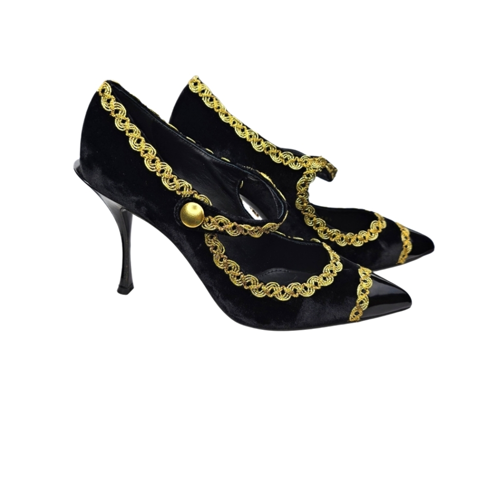 DOLCE & GABBANA Black Velvet Gold Trimmed Mary Jane Pumps